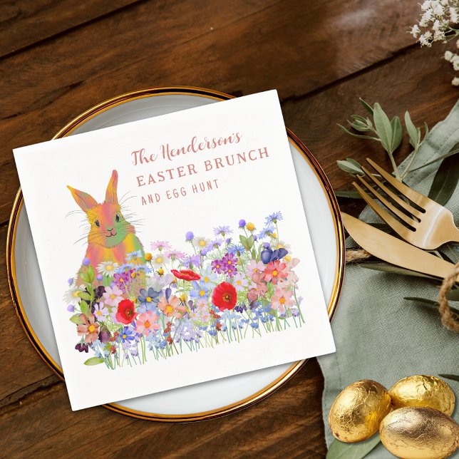 Personalized Easter Egg Hunt Brunch Bunny Floral Napkin (Personalized easter egg hunt spring brunch cute bunny floral terracotta orange script party napkin)