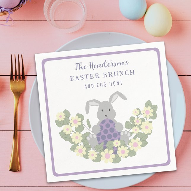 Personalized Easter Egg Hunt Brunch Bunny Floral Napkin (Personalized family name Easter egg hunt spring brunch cute bunny daisy floral meadow purple napkin )