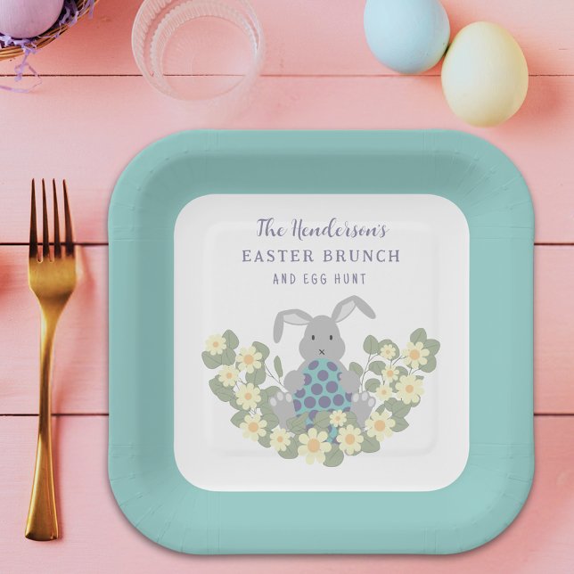 Personalized Easter Egg Hunt Brunch Bunny Floral Paper Plate (Personalized easter egg hunt spring brunch cute bunny floral paper plate)