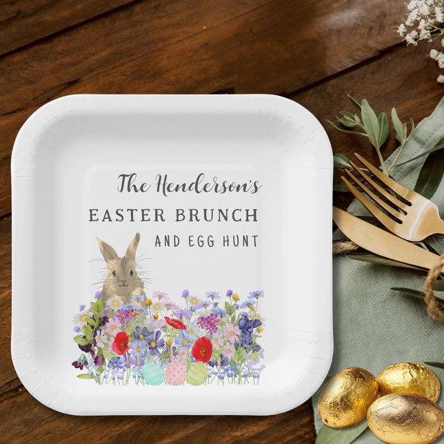 Personalized Easter Egg Hunt Brunch Bunny Floral Paper Plate (Personalized Easter egg hunt spring brunch cute bunny wildflower floral paper plate)