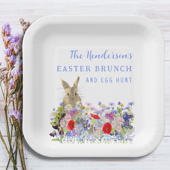 Personalized Easter Egg Hunt Brunch Bunny Floral Paper Plate (Easter brunch and egg hunt floral custom paper plates with cute bunny and watercolor wildflowers )