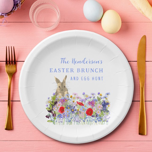 Personalized Easter Egg Hunt Brunch Bunny Floral Paper Plate (Easter brunch and egg hunt watercolor bunny and wildflowers custom paper plate)