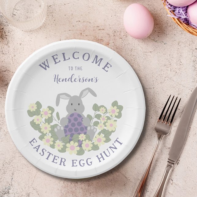 Personalized Easter Egg Hunt Bunny Spring Floral Paper Plate (Personalized easter egg hunt cute bunny floral welcome party paper plate)
