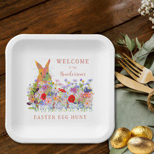Personalized Easter Egg Hunt Cute Bunny Floral Paper Plate