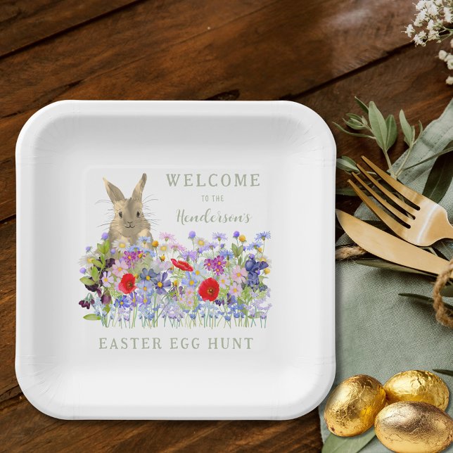 Personalized Easter Egg Hunt Cute Bunny Floral  Paper Plate (Personalized easter egg hunt cute bunny colorful wildflower meadow spring floral party paper plate)