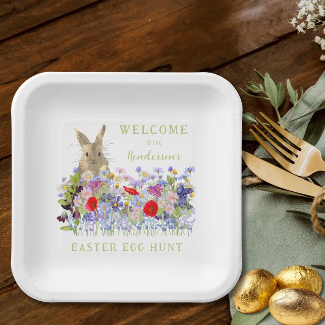 Personalized Easter Egg Hunt Cute Bunny Wildflower Paper Plate (Personalized easter egg hunt cute bunny wildflower floral spring party paper plate )