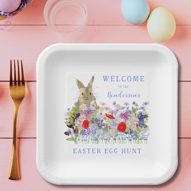 Personalized Easter Egg Hunt Floral Bunny Welcome Paper Plate (Personalized Easter egg hunt cute bunny wildflower floral spring party plate)