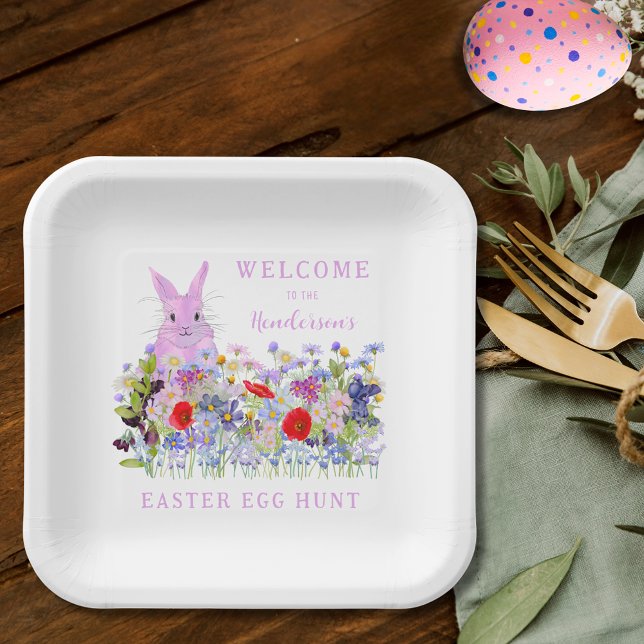 Personalized Easter Egg Hunt Pink Bunny Floral Paper Plate (Personalized easter egg hunt cute pink bunny colorful wildflower meadow spring floral party plate)
