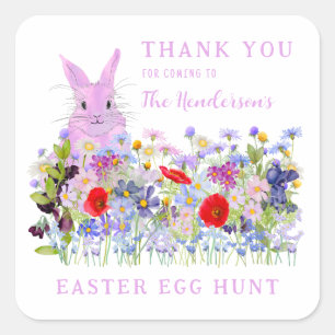 Personalized Easter Egg Hunt Pink Bunny Floral Square Sticker