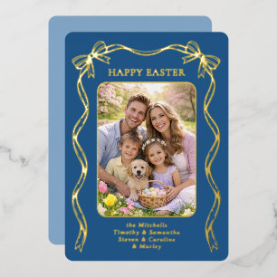 Personalized Easter Family Photo Gold Ribbon Bow Foil Holiday Card