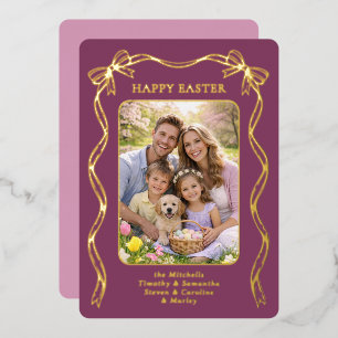 Personalized Easter Family Photo Gold Ribbon Bow Foil Holiday Card