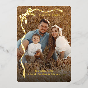 Personalized Easter Family Photo Gold Ribbon Bow Foil Holiday Card