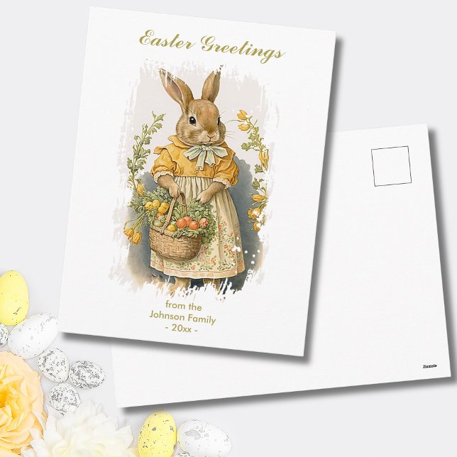 Personalized Easter Greetings Cute Vintage Bunny Holiday Postcard (Add Family name & Year to personalize.  All text is editable)