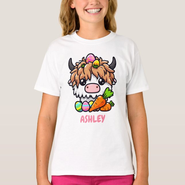 Personalized Easter Highland Cow with Easter Eggs T-Shirt (Front)
