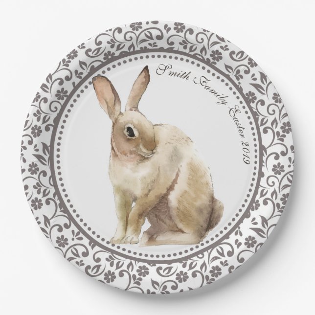 Personalized Easter Rabbit Floral Paper Plate (Front)