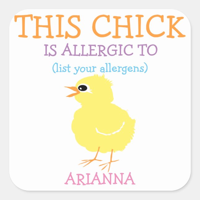 Personalized Easter Yellow Chick Allergy Alert Square Sticker (Front)