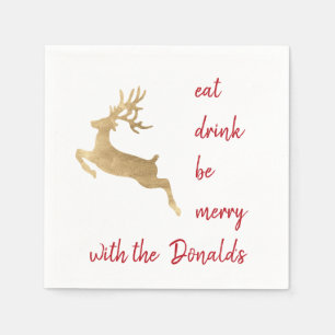 Personalized Eat Drink Be merry red gold deer name Napkin