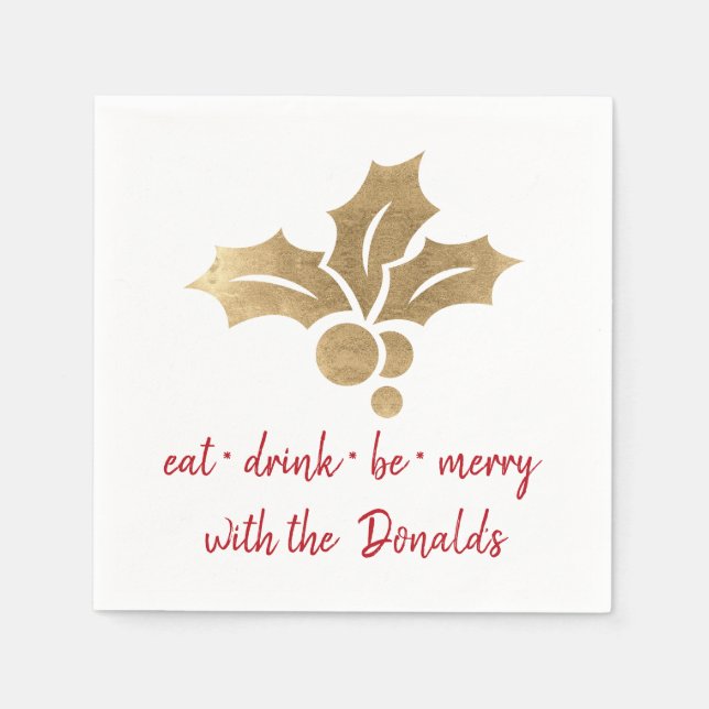 Personalized Eat Drink Be Merry Red Gold Star Name Napkin (Front)