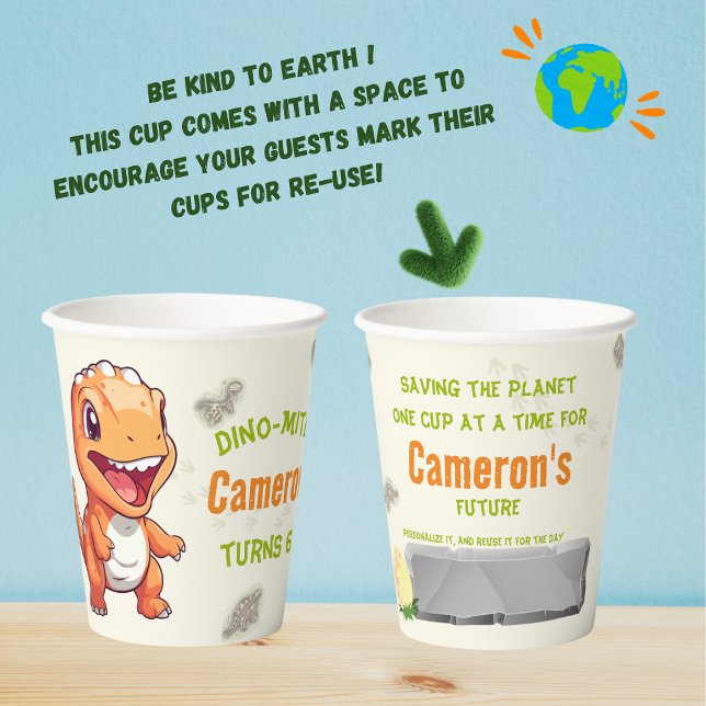 Personalized Eco Friendly Orange Dino Birthday Paper Cups (Creator Uploaded)