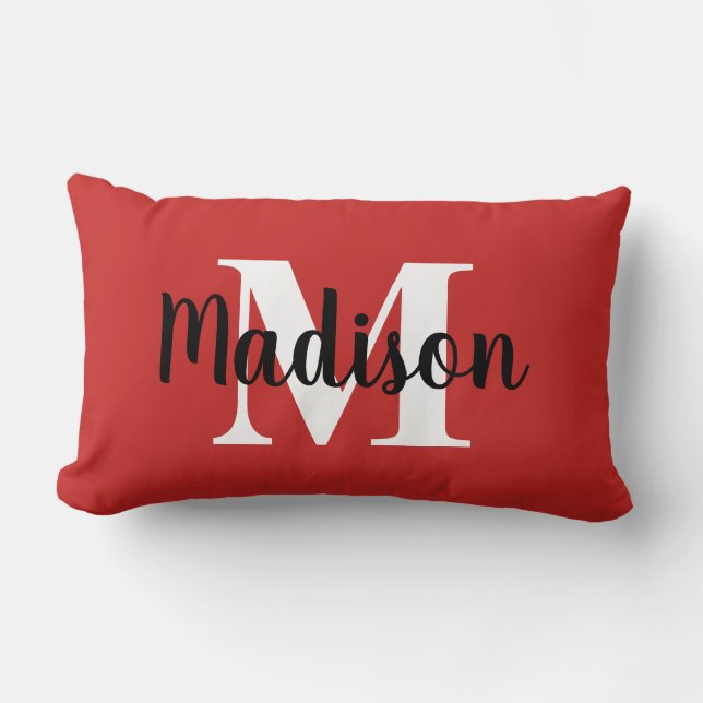 Personalized Editable Colour Monogram Red White Lumbar Pillow (Front)