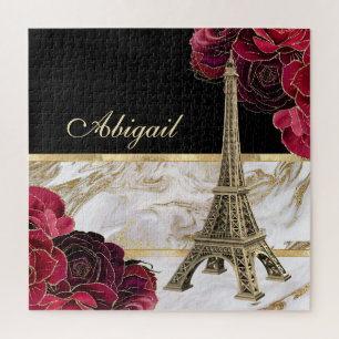 Personalized Eiffel Tower Gold, Black Marble Rose Jigsaw Puzzle