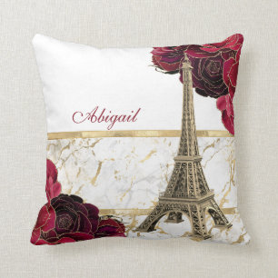 Personalized Eiffel Tower Gold, White Marble Rose Throw Pillow