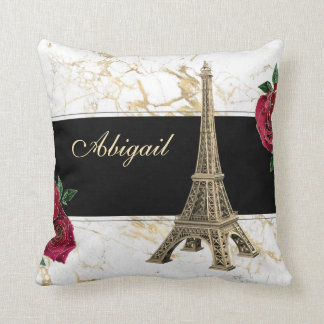 Personalized Eiffel Tower Gold, White Marble Rose Throw Pillow
