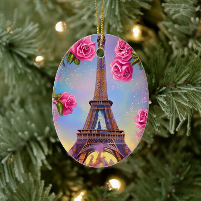 Personalized Eiffel Tower Pink Rose Chic Christmas Ceramic Ornament (Tree)