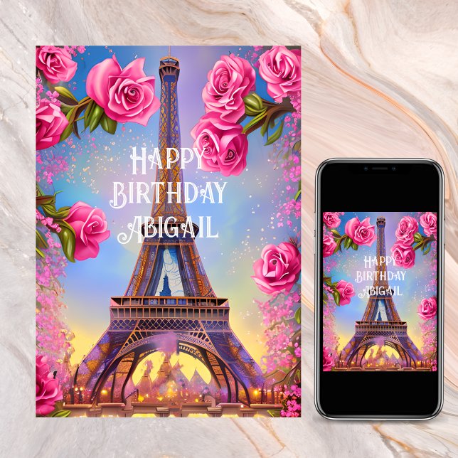 Personalized Eiffel Tower Pink Roses Chic Birthday Card (Personalized Eiffel Tower Pink Roses Chic Birthday Card)