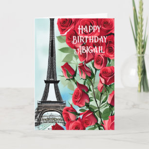 Personalized Eiffel Tower Red Roses Birthday Card
