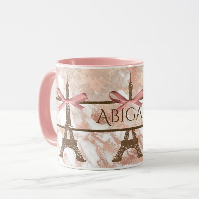 Personalized Eiffel Tower White, Pink Rose Marble  Mug (Front Left)