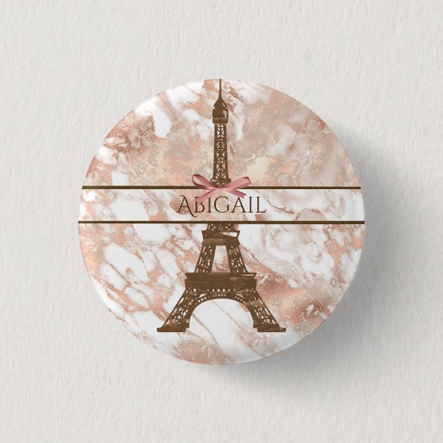 Personalized Eiffel Tower White, Rose Gold Marble 1 Inch Round Button (Front)