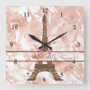 Personalized Eiffel Tower White, Rose Gold Marble Square Wall Clock