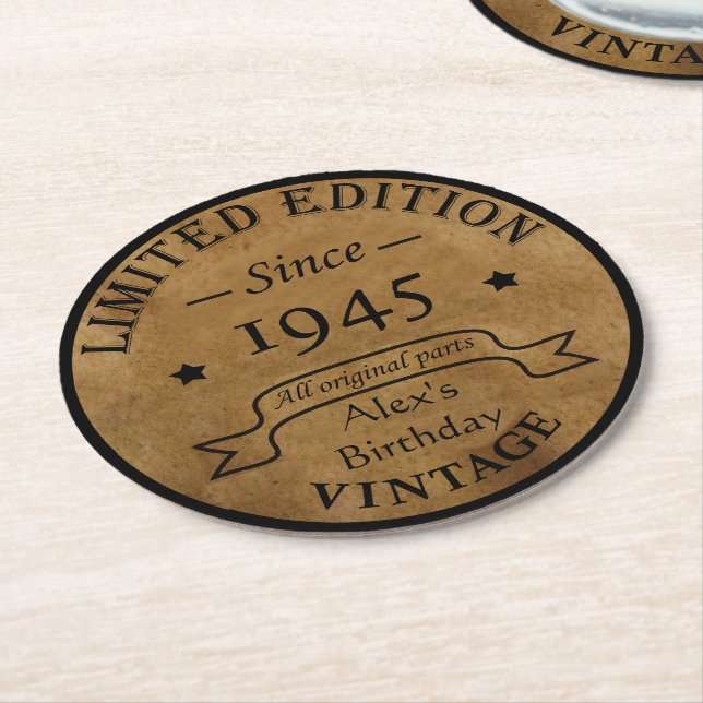 Personalized eighty vintage 80th birthday party round paper coaster (Angled)