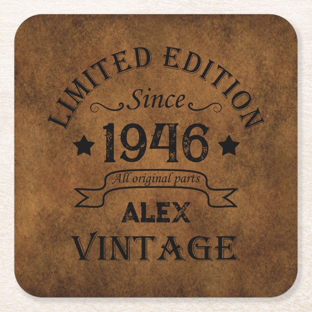 Personalized eighty vintage 80th birthday party square paper coaster (Front)