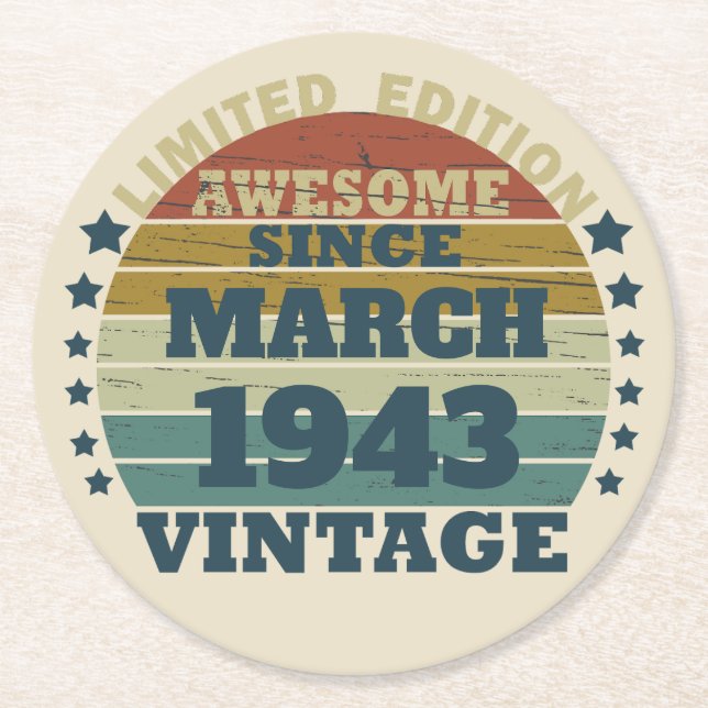 Personalized eighty vintage 80th birthday round paper coaster (Front)