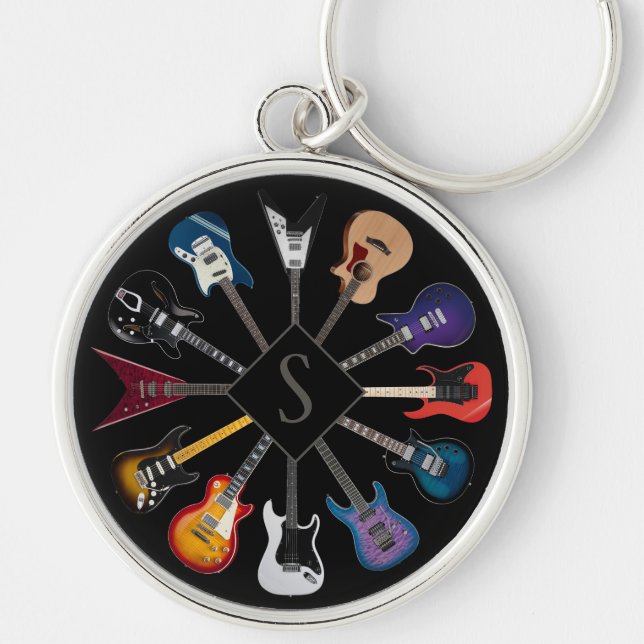 Personalized Electric Guitar Circle Black Keychain (Front)