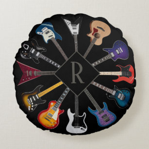 Personalized Electric Guitar Circle Black Round Pillow