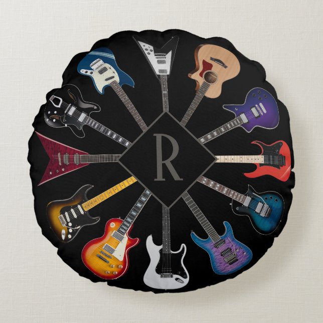 Personalized Electric Guitar Circle Black Round Pillow (Front)