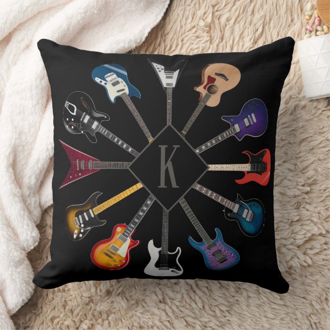 Personalized Electric Guitar Circle Black Throw Pillow (Blanket)