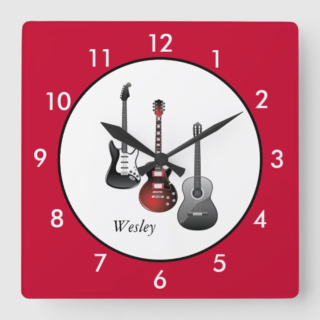 Personalized Electric Guitars Red Square Wall Clock (Front)