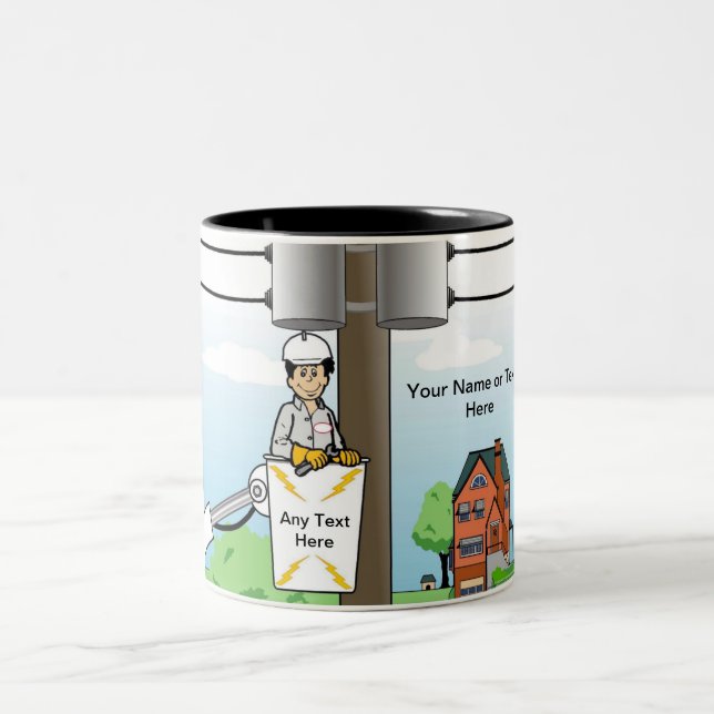 Personalized Electric Lineman - Male Cartoon Two-Tone Coffee Mug (Center)