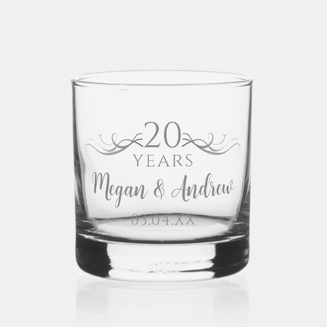 Personalized Elegant 20th Wedding Anniversary Gift Whiskey Glass (Front)