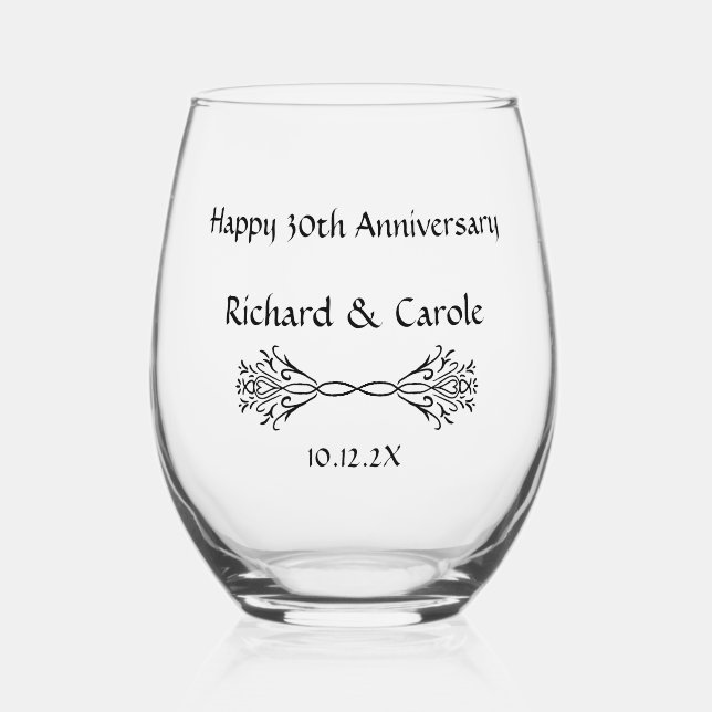 Personalized Elegant 30th Wedding Anniversary Gift Stemless Wine Glass (Front)