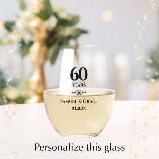 Personalized Elegant 60th Diamond Anniversary Gift Stemless Wine Glass