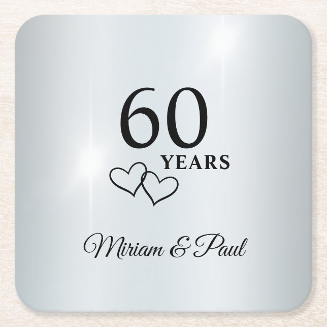 Personalized Elegant 60th Wedding Anniversary Square Paper Coaster (Front)