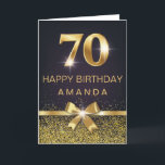 Personalized Elegant 70th Birthday Gold Glitter Card<br><div class="desc">Elegant Stylish 70th birthday card. Design featured gold foil 70 on black background and glitter and a bow on the front. Add your message inside.</div>