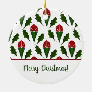 Personalized Elegant Abstract Red Roses and Holly Ceramic Ornament