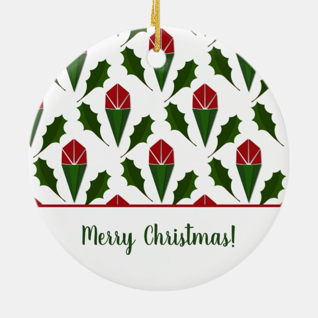 Personalized Elegant Abstract Red Roses and Holly Ceramic Ornament (Back)