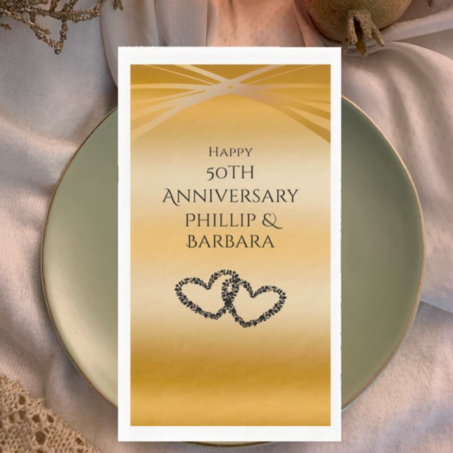Personalized Elegant Arch Golden 50th Anniversary Napkin (Throw a beautiful 50th Wedding Anniversary Party with personalized unique golden arch heart napkins.)